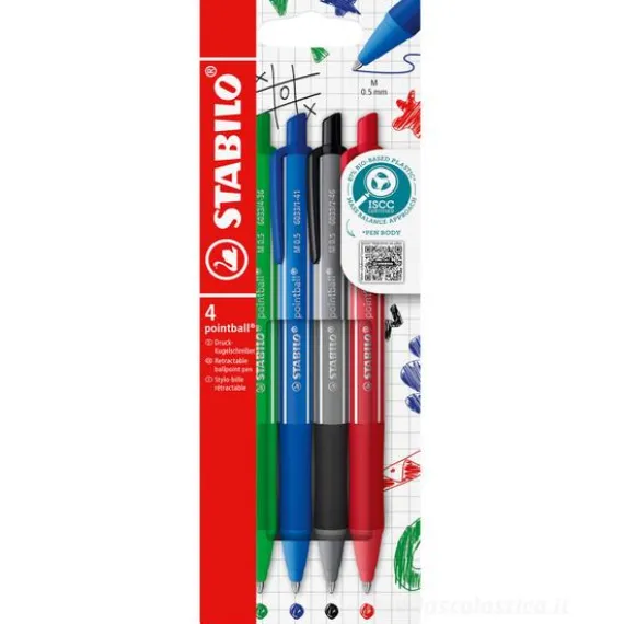 Astuccio 4 penne a sfera a scatto Pointball Colorful