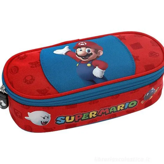 Astuccio scuola ovale organizzato Super Mario blu e rosso