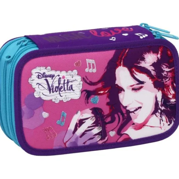 Astuccio triplo scomparto Violetta Disney completo con 43 pezzi