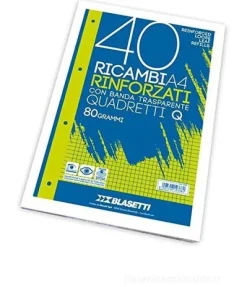 Blocco 40 fogli ricambio rinforzati per copertine ad anelli A4 quadri 4 mm