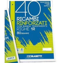 Blocco 40 fogli ricambio rinforzati per quaderni ad anelli A4 righe