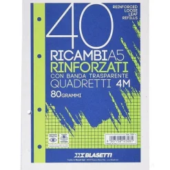 Blocco 40 fogli ricambio rinforzati per copertine ad anelli A5 quadri 4 mm