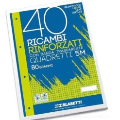 Blocco 40 fogli ricambio rinforzati per copertine ad anelli A5 quadri 5 mm