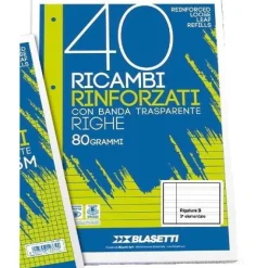 Blocco 40 fogli ricambio rinforzati per copertine ad anelli A4 righe B