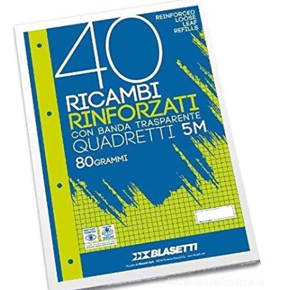 Blocco 40 fogli ricambio rinforzati per quaderni ad anelli A4 quadri 5 mm
