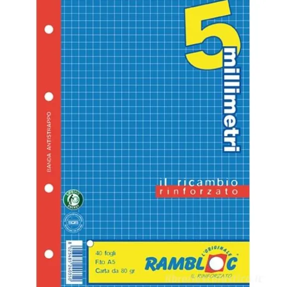 Confezione 40 fogli ricambio rinforzati A5 Rambloc quadretti 5 mm