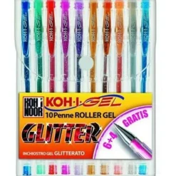 Confezione 10 penne colorate roller gel colori glitter