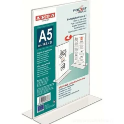 Porta depliant trasparente con base a T formato A5